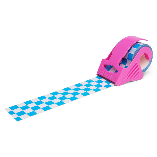 Mini roll of blue checkered packing tape with pink dispenser, used for small business shipping and packaging.