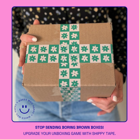 Checkered Retro Flower Shipping Tape - Green/Cream - Shippy Tape