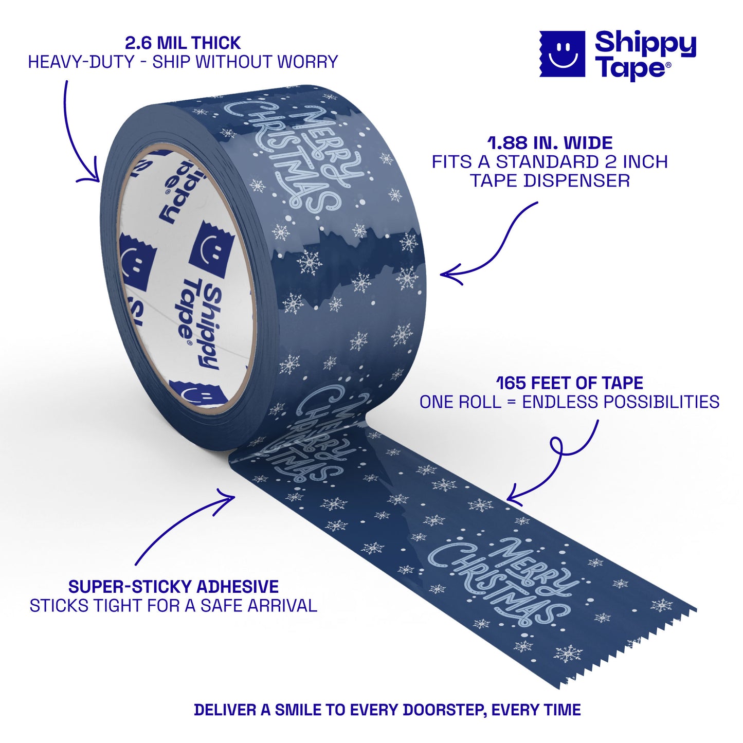 Merry Christmas Shipping Tape - Navy Snow (55-Yard Roll)