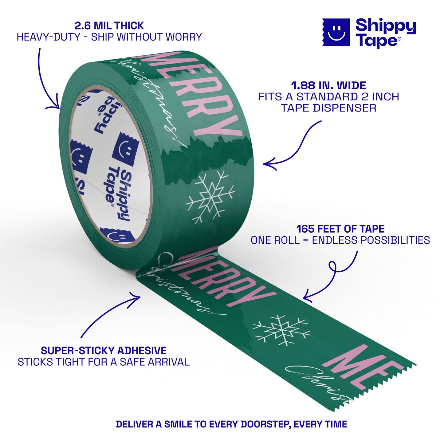 Merry Christmas Shipping Tape - Green/Pink Snowflake (55 Yard Roll)