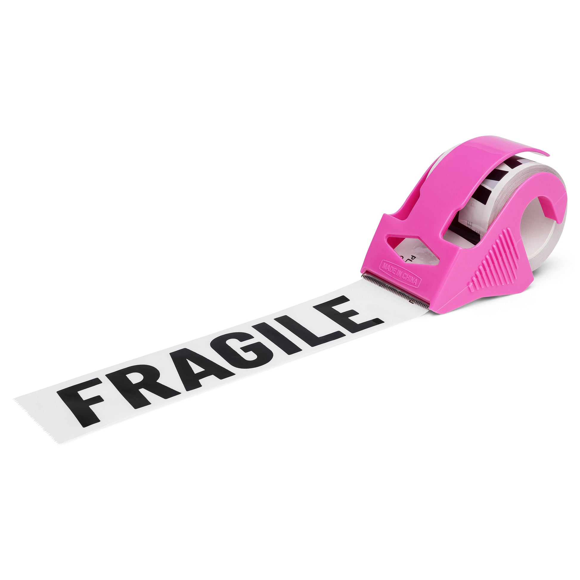 Mini roll of cream packing tape with black Fragile text, shown with a pink dispenser.