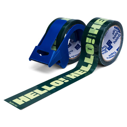 Two rolls green Hello I'm Here printed packing tape for small business shipping.
