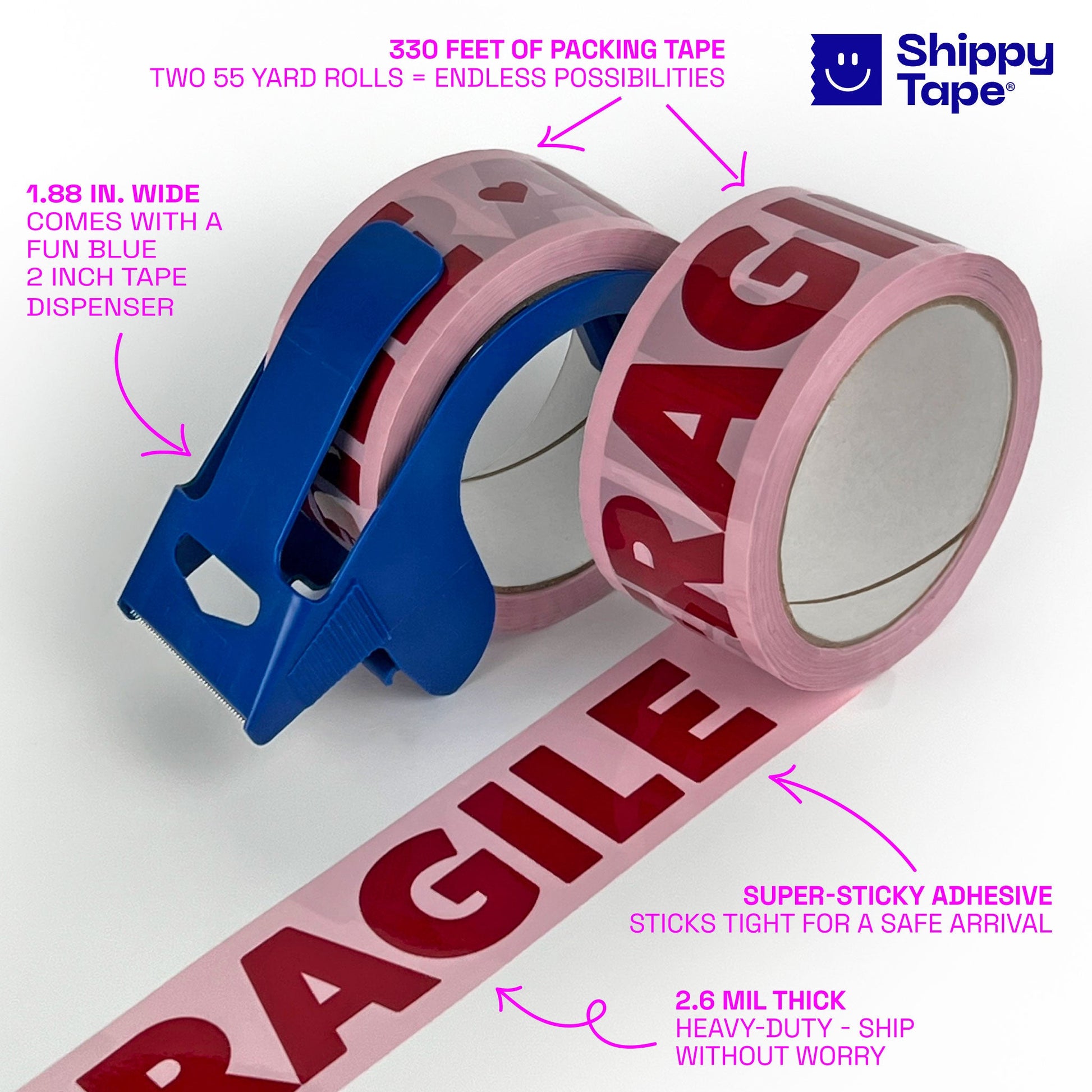Fragile Packing and Shipping Tape - Pink/Burgundy ♥️ (2 Rolls + Dispenser) - Shippy Tape