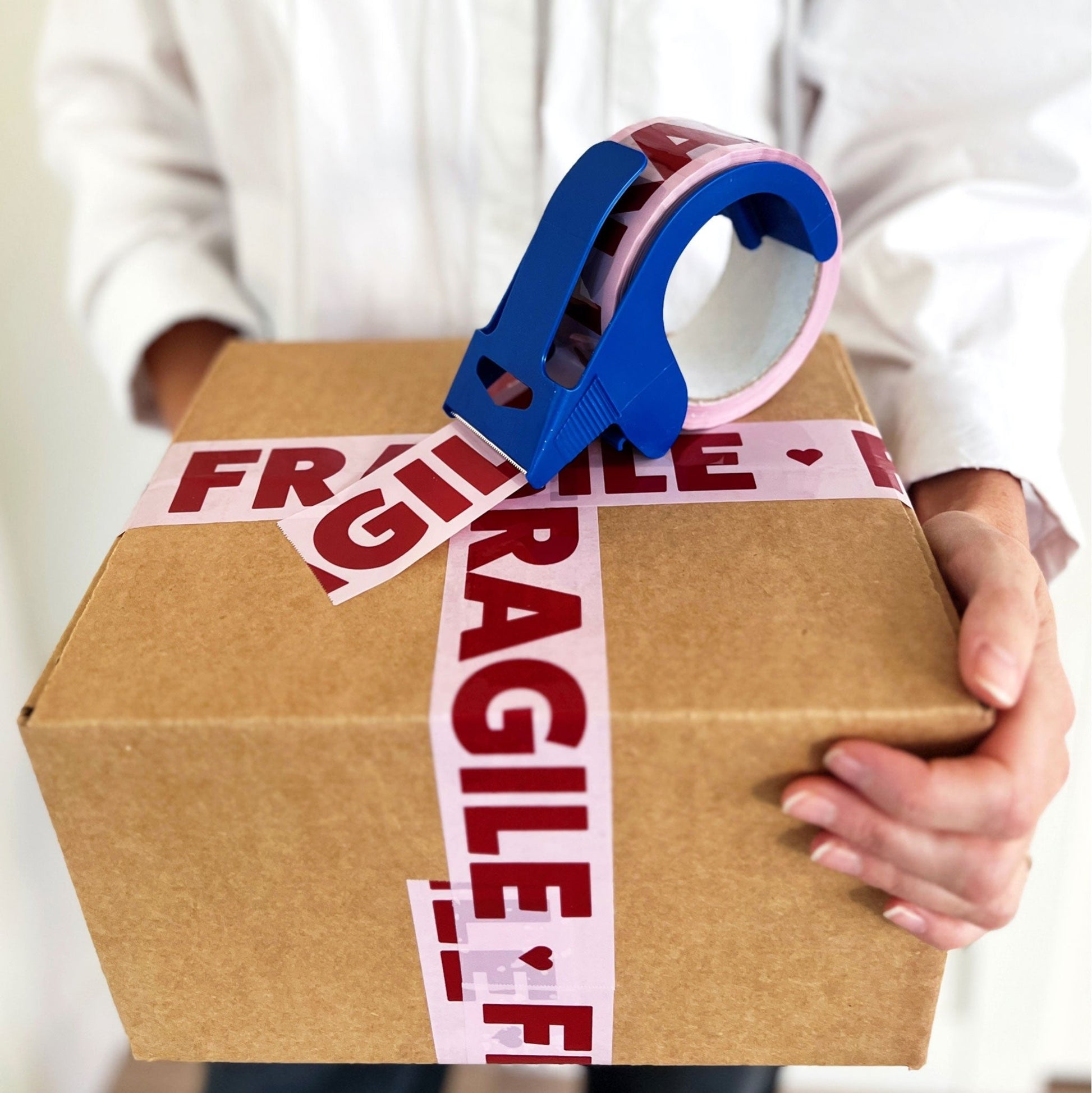 Fragile Packing and Shipping Tape - Pink/Burgundy ♥️ (2 Rolls + Dispenser) - Shippy Tape