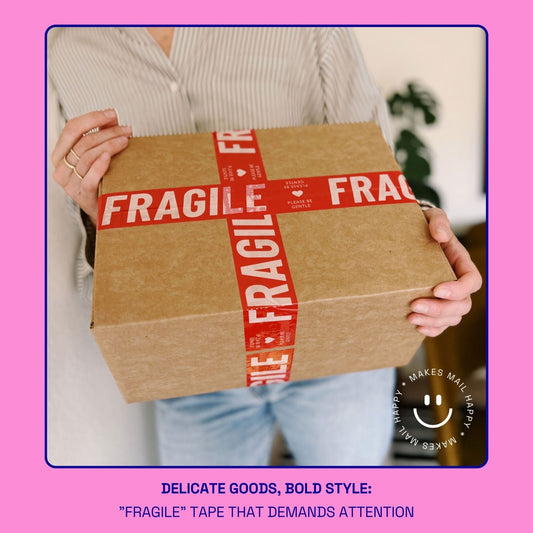 Woman holding a box sealed with red packing tape that reads Fragile Please Be Gentle in pink text, ideal for breakable items.