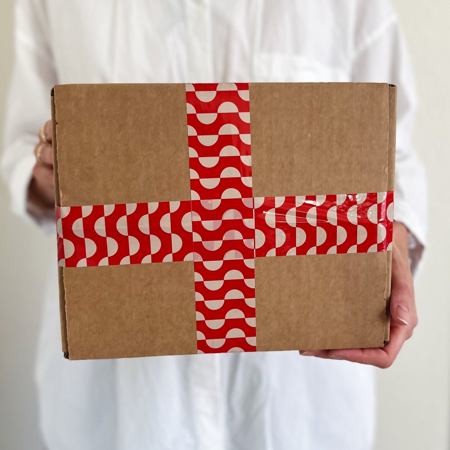 Geometric Wave Pattern Shipping Tape - Red/Cream (2 Rolls + Dispenser) - Shippy Tape