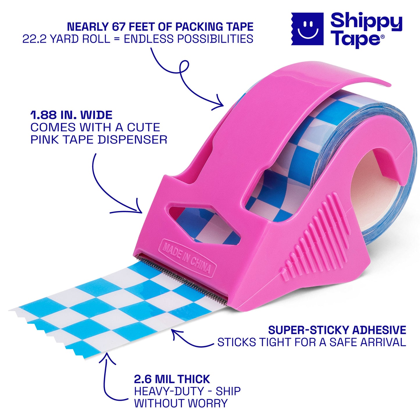 Blue Checkered Packing Tape – 22.2 Yard Mini Roll with Pink Dispenser