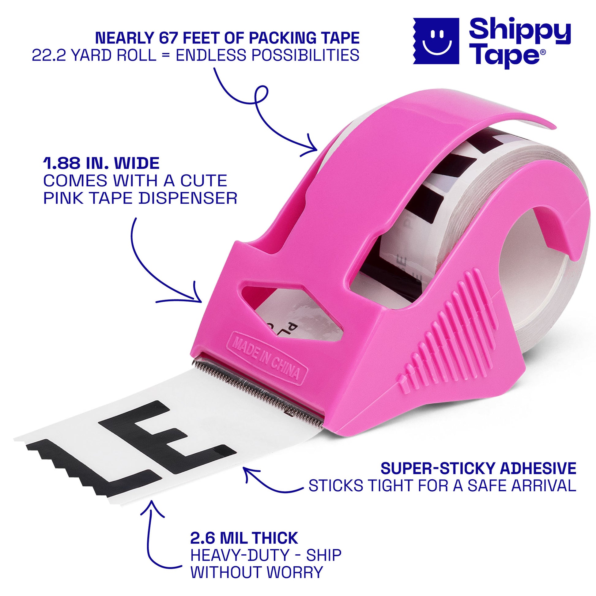 Pink tape dispenser with Shippy Tape branding and product features on a white background