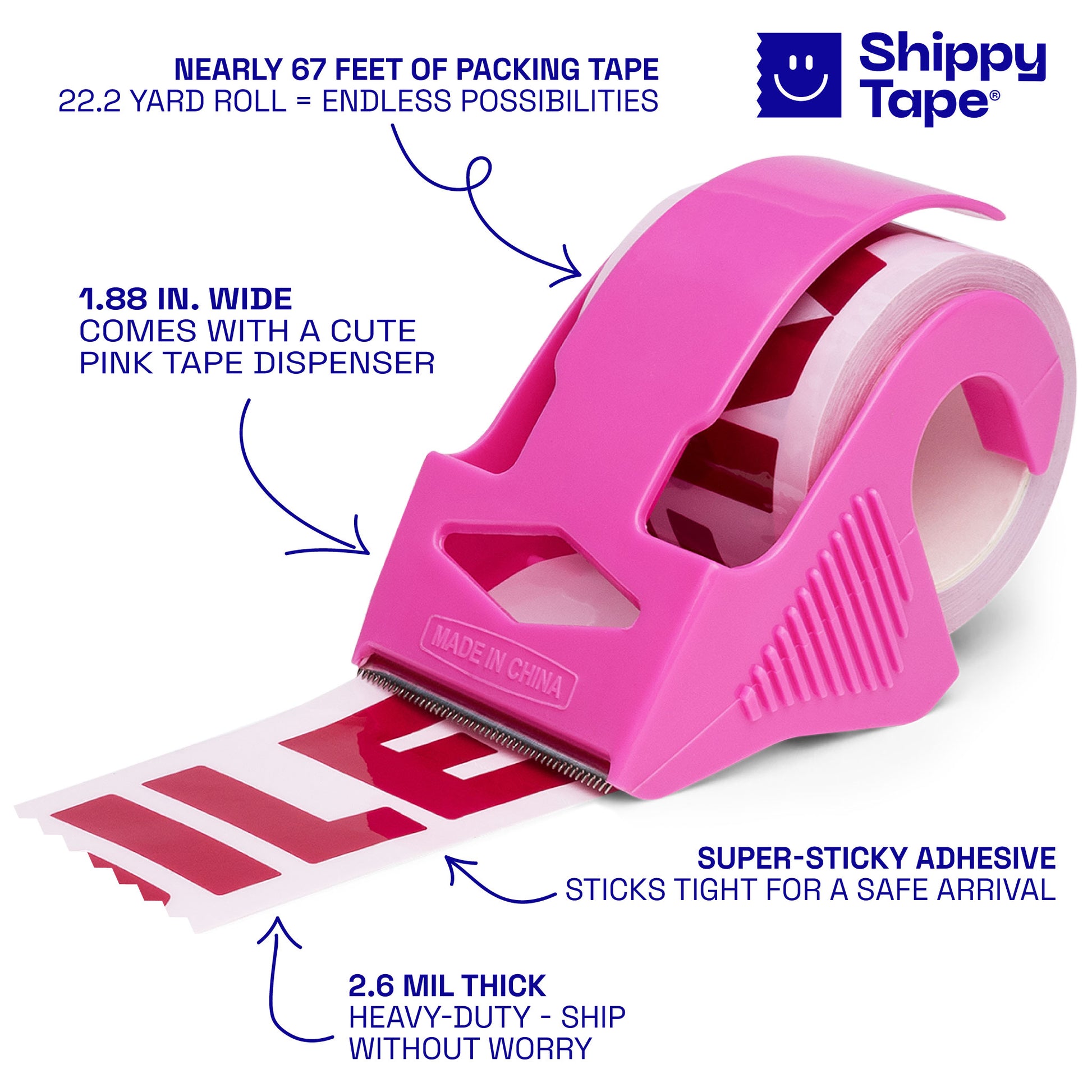 Pink tape dispenser with Shippy Tape branding and product features on a white background