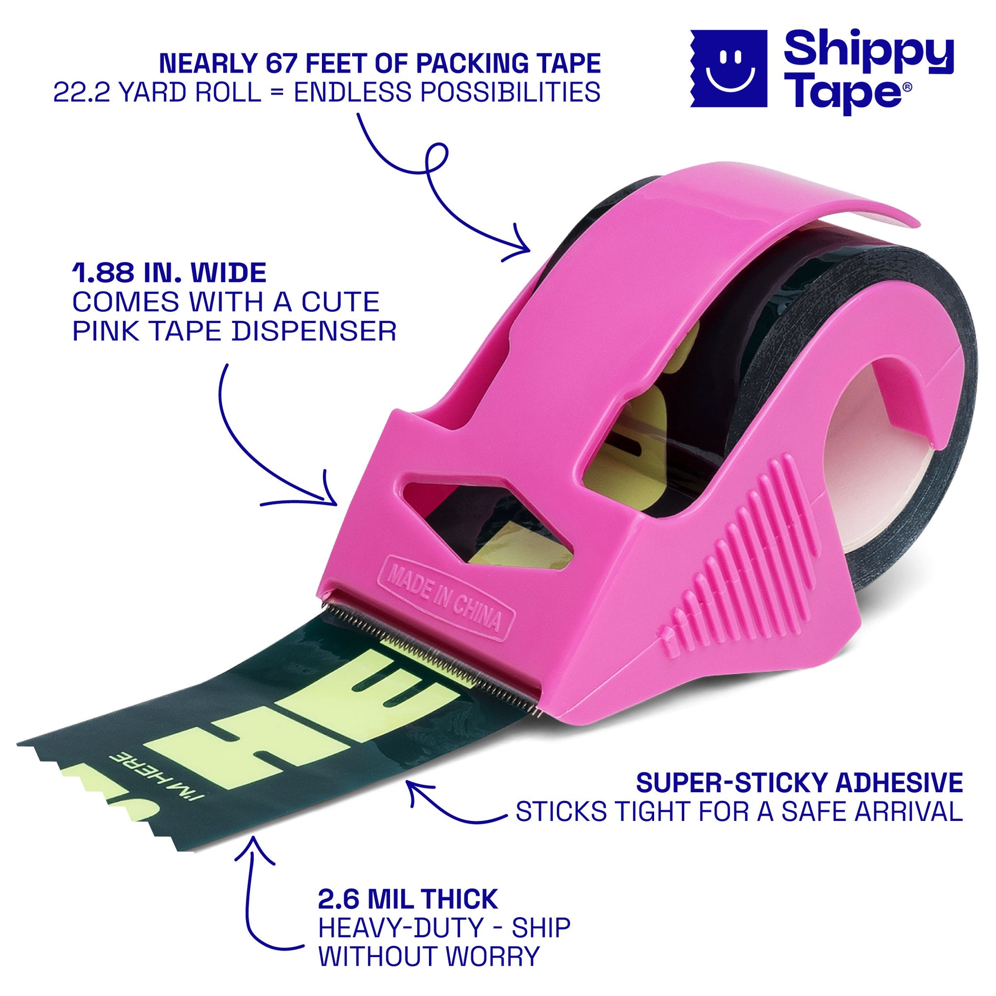 Pink tape dispenser with Shippy Tape branding and product features on a white background