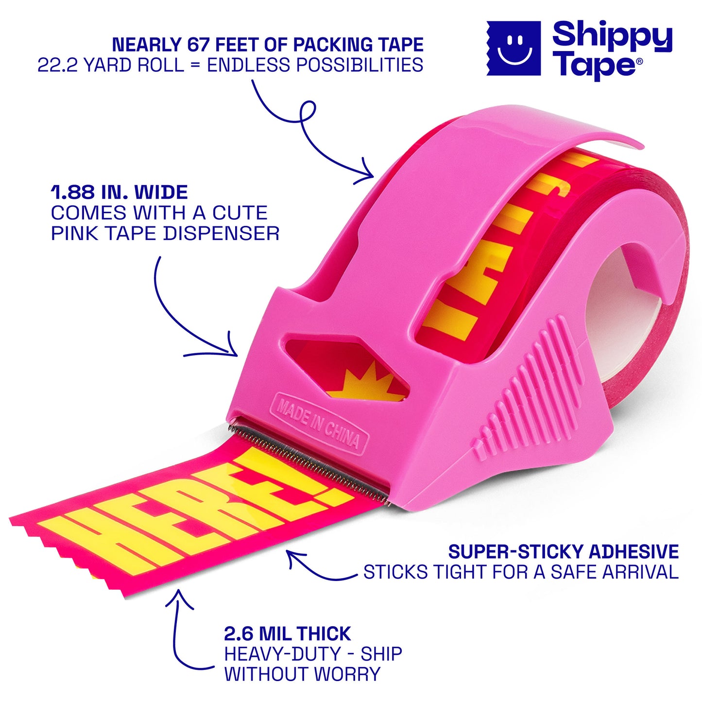 Pink tape dispenser with yellow tape, Shippy Tape brand, on a white background
