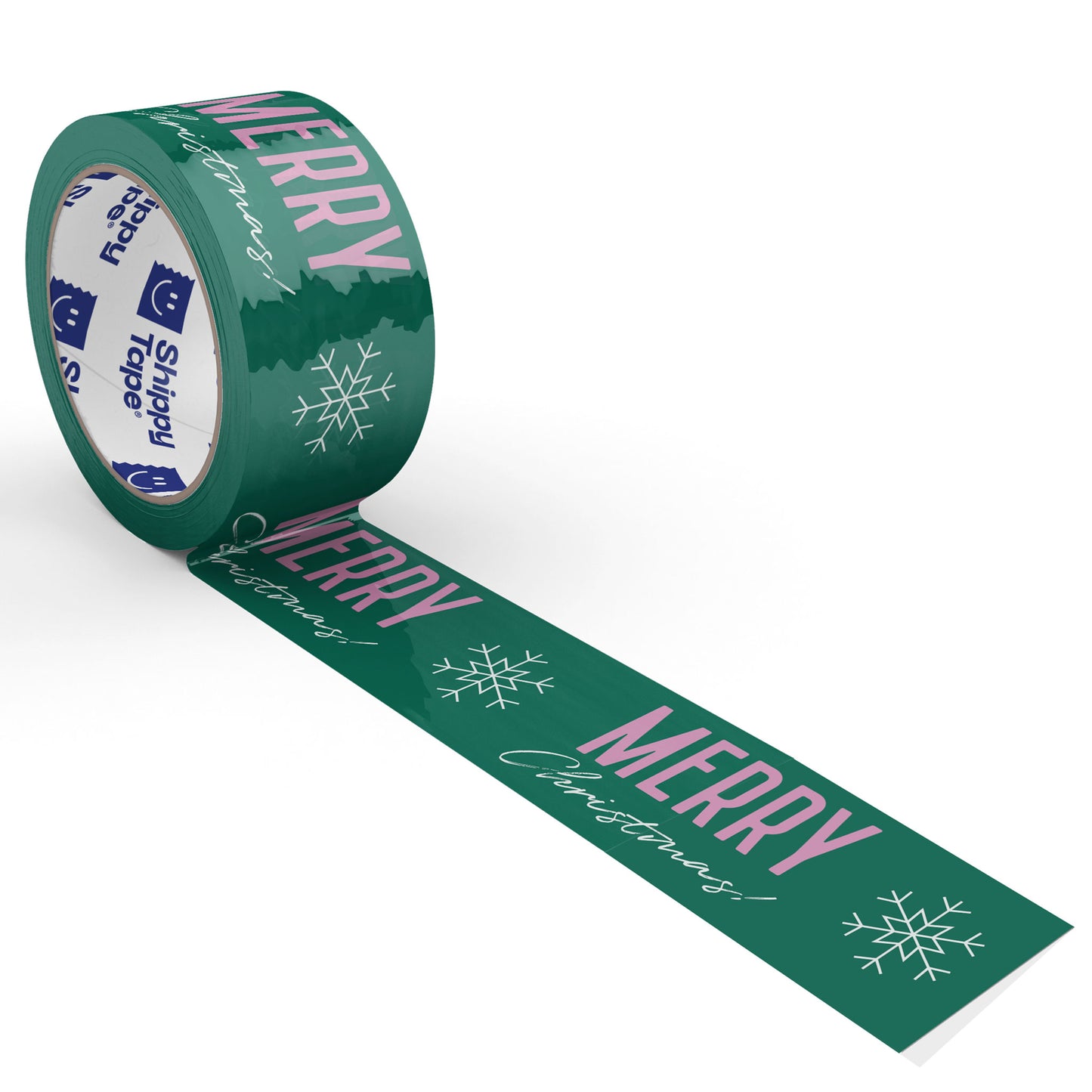 Merry Christmas Shipping Tape - Green/Pink Snowflake (55 Yard Roll)