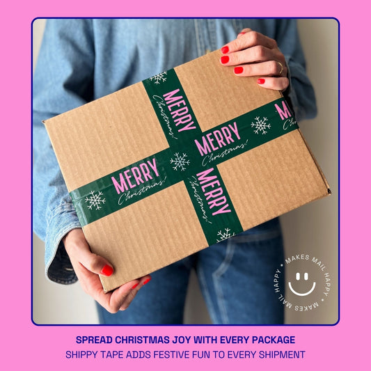 Merry Christmas Shipping Tape - Green/Pink Snowflake - Shippy Tape
