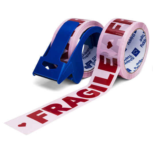 Two rolls pink Fragile printed packing tape for small business shipping.
