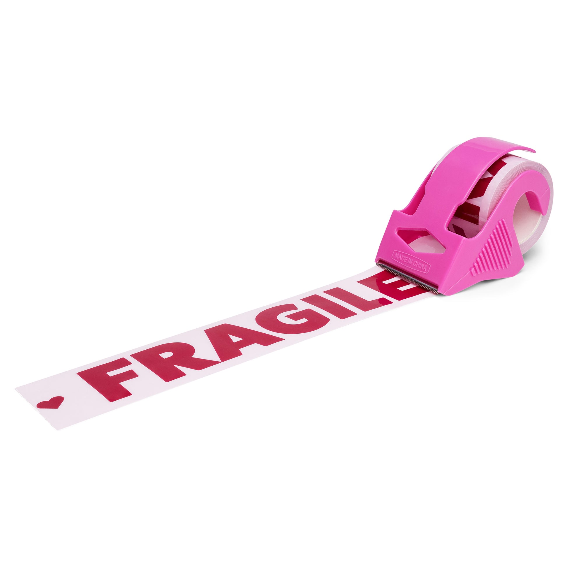 Pink packing tape with bold burgundy “Fragile” text, shown with a matching pink mini dispenser—stylish and functional tape for sealing packages with care and personality.