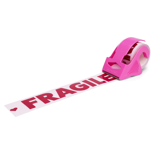 Pink packing tape with bold burgundy “Fragile” text, shown with a matching pink mini dispenser—stylish and functional tape for sealing packages with care and personality.