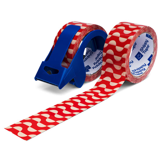 Two rolls of red and beige printed packing tape for small business shipping.