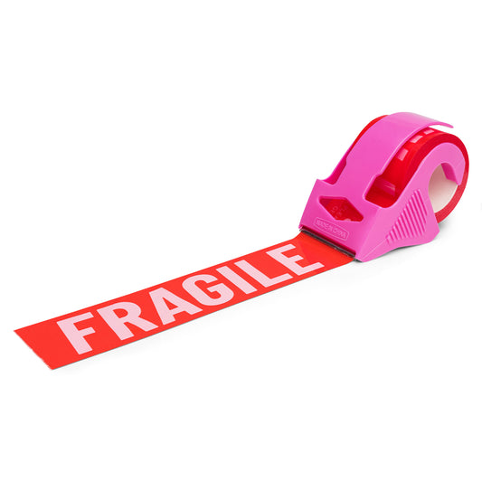 Red packing tape with pink Fragile Please Be Gentle text in a pink dispenser for shipping gifts and delicate items.