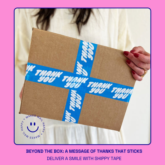 A woman holding a cardboard box sealed with cute Thank You packing tape in a bubble font — perfect for small business shipping and happy mail.