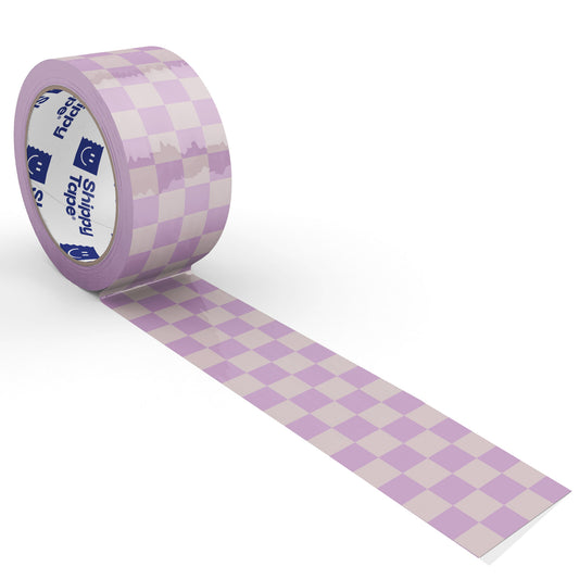 Roll of purple and cream checkered tape for shipping small business orders