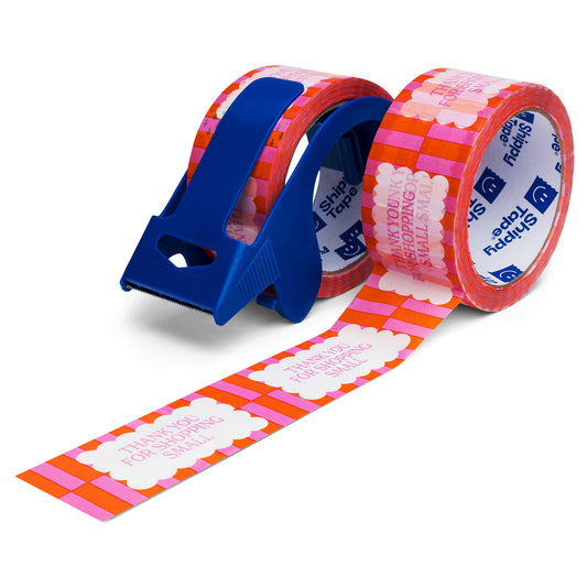 Two rolls with blue dispenser of Thank You for Shopping Small printed packing tape for small business shipping.
