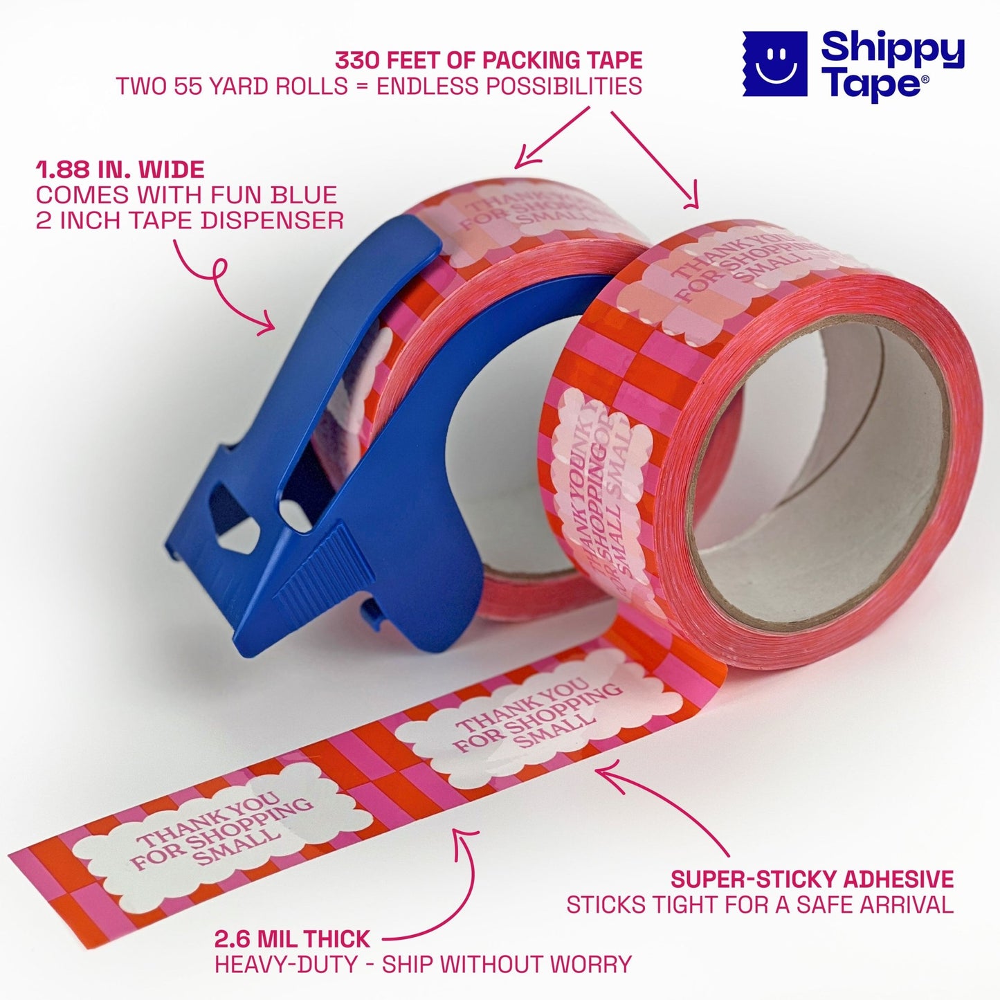 Thank You for Shopping Small Shipping Tape - Pink Orange Cloud (2 Rolls + Dispenser) - Shippy Tape