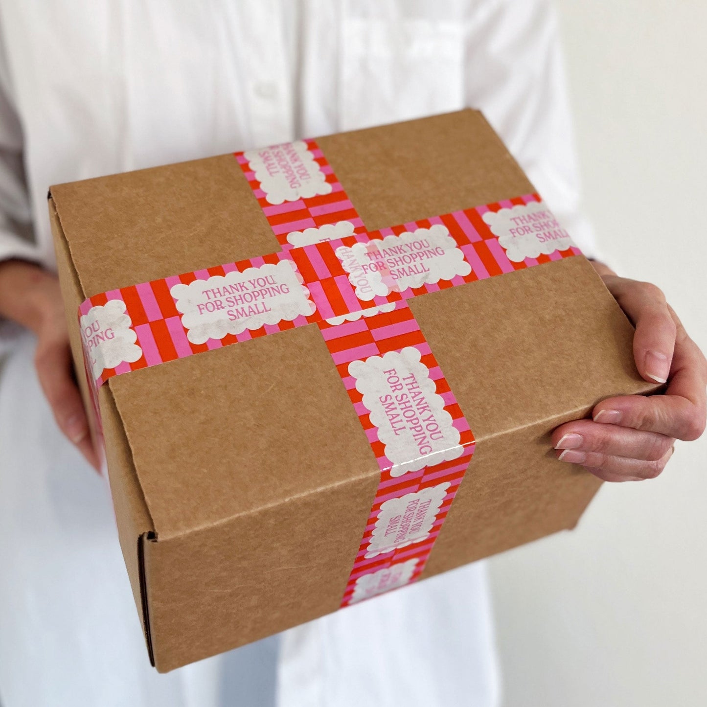 Thank You for Shopping Small Shipping Tape - Pink Orange Cloud (2 Rolls + Dispenser) - Shippy Tape