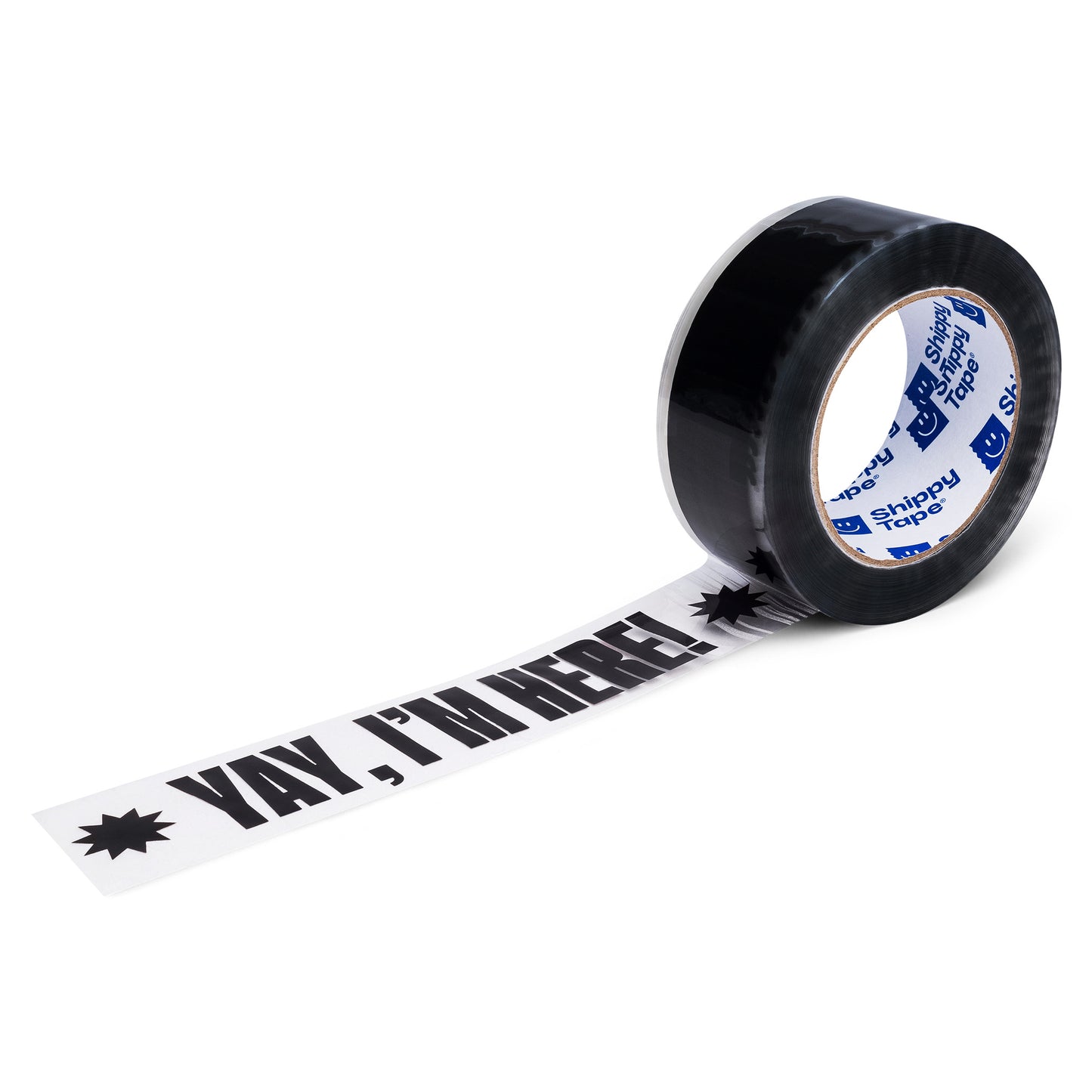 A roll of clear packing tape with the words Yay I'm Here printed in black font.