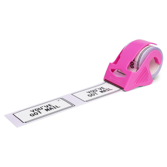 “You’ve Got Mail” printed packing tape in a playful 90s-style design with black text on white tape, shown in a bold pink mini dispenser—fun, functional packaging tape for small businesses and gift wrapping.