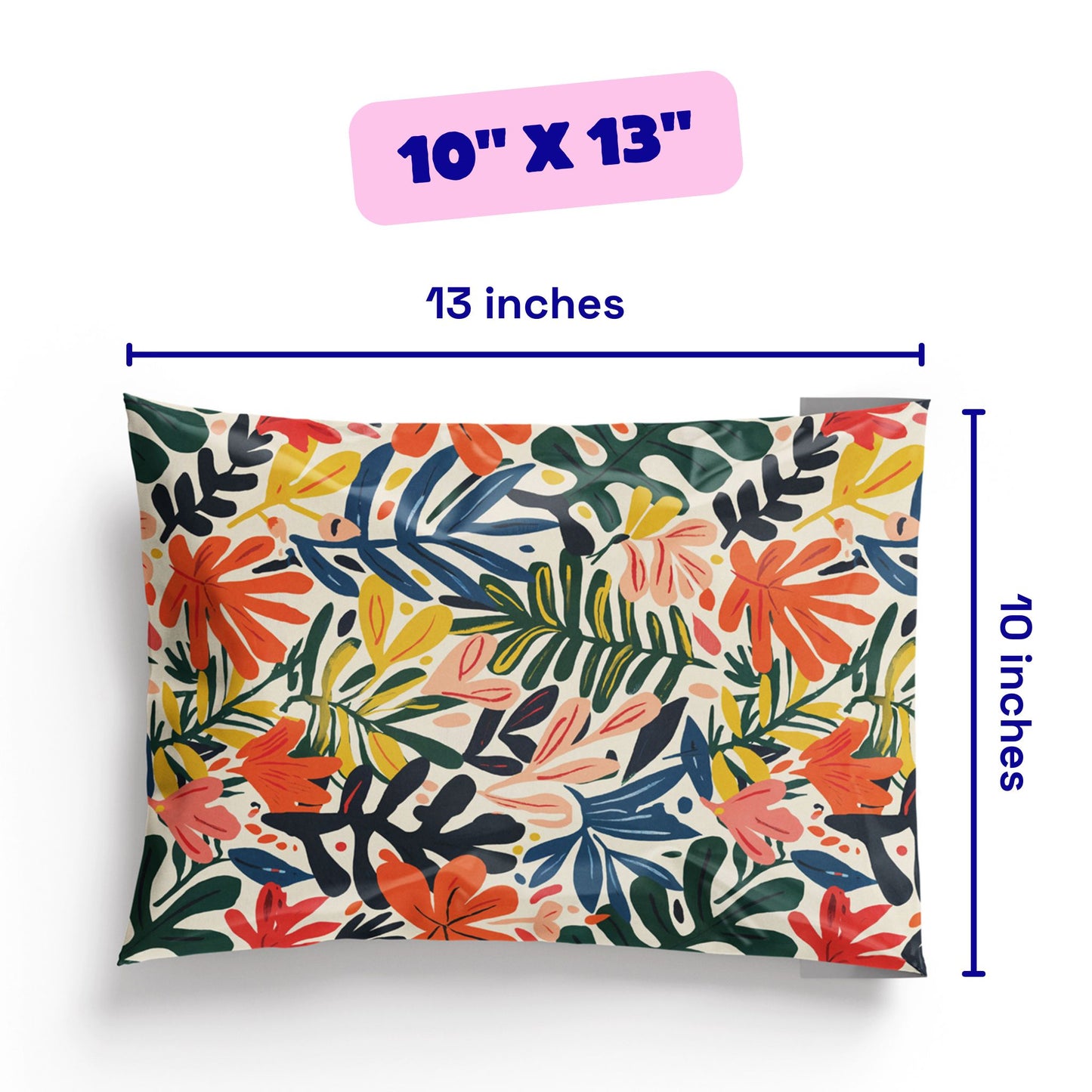 Floral patterned shipping envelope with dimensions labeled on a white background