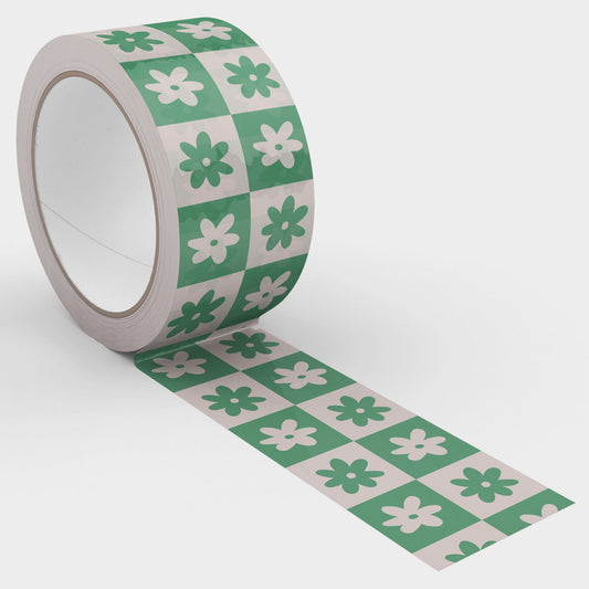Checkered Retro Flower Shipping Tape - Green/Cream - Shippy Tape
