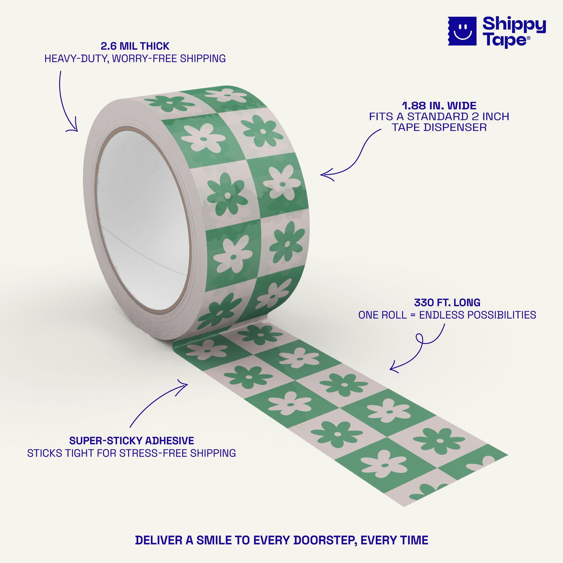 Checkered Retro Flower Shipping Tape - Green/Cream - Shippy Tape