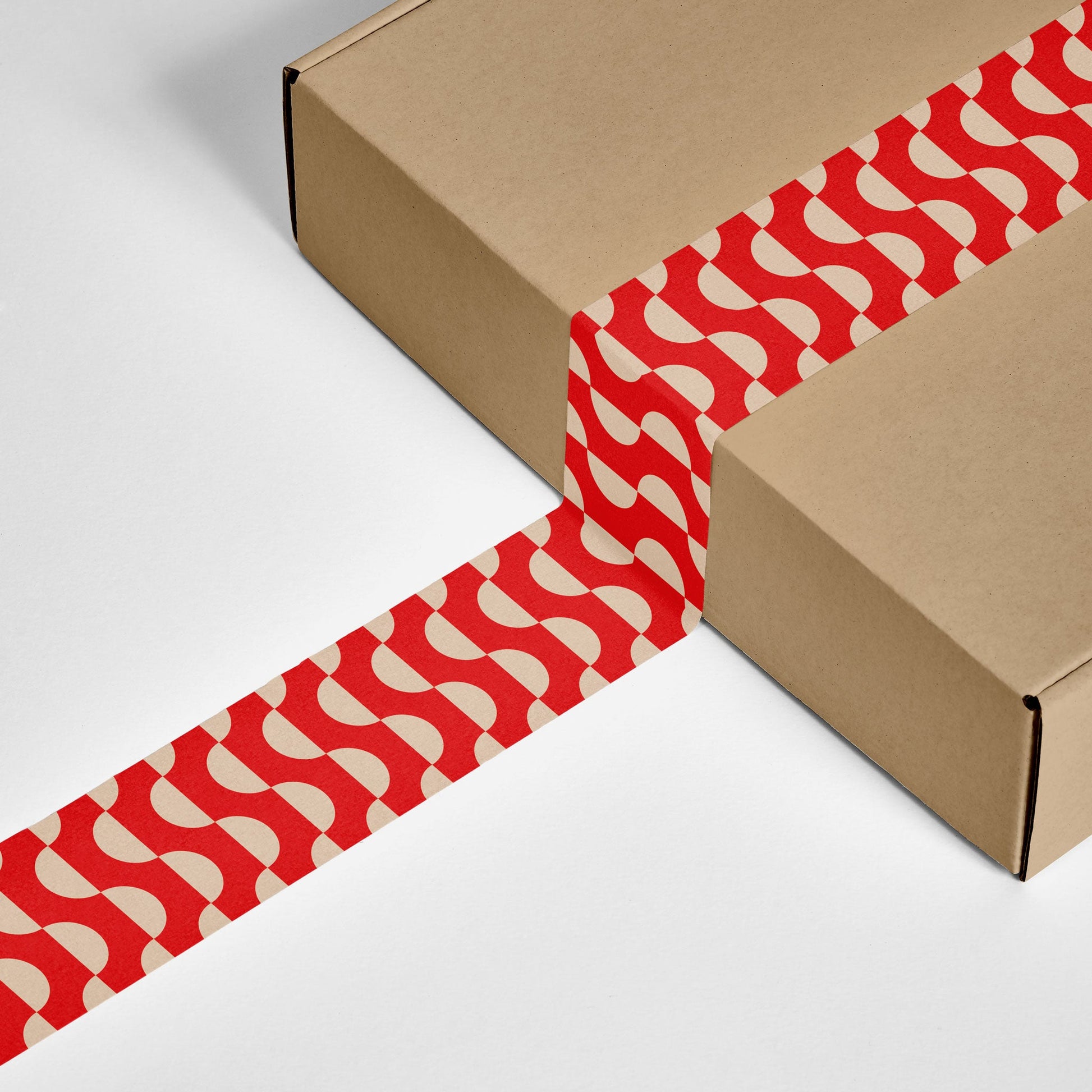 Geometric Wave Pattern Shipping Tape - Red/Cream (2 Rolls + Dispenser) - Shippy Tape