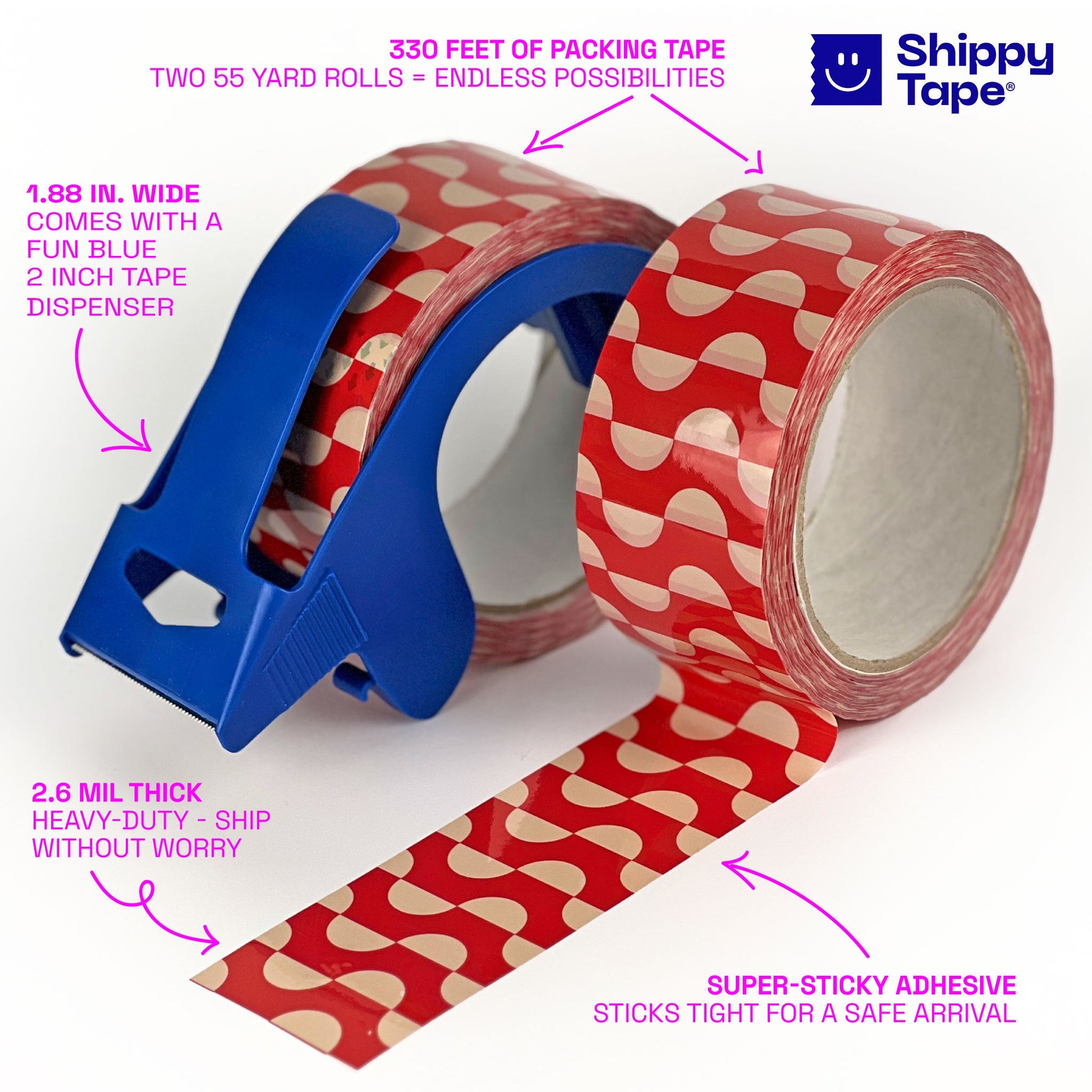 Geometric Wave Pattern Shipping Tape - Red/Cream (2 Rolls + Dispenser) - Shippy Tape