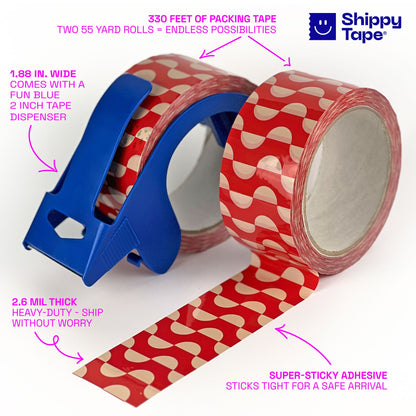 Geometric Wave Pattern Shipping Tape - Red/Cream (2 Rolls + Dispenser) - Shippy Tape