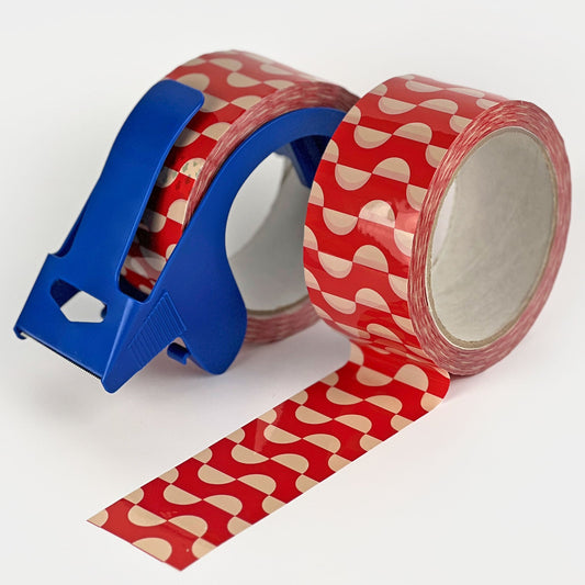 Geometric Wave Pattern Shipping Tape - Red/Cream (2 Rolls + Dispenser) - Shippy Tape