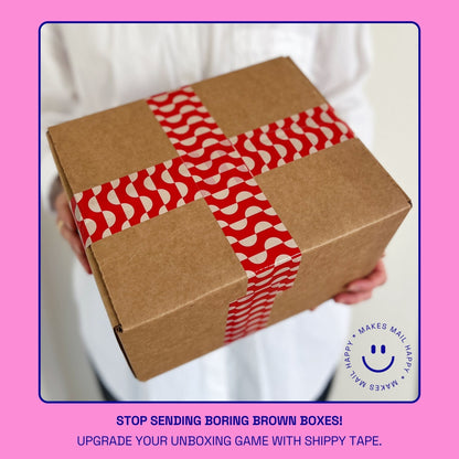 Geometric Wave Pattern Shipping Tape - Red/Cream (2 Rolls + Dispenser) - Shippy Tape