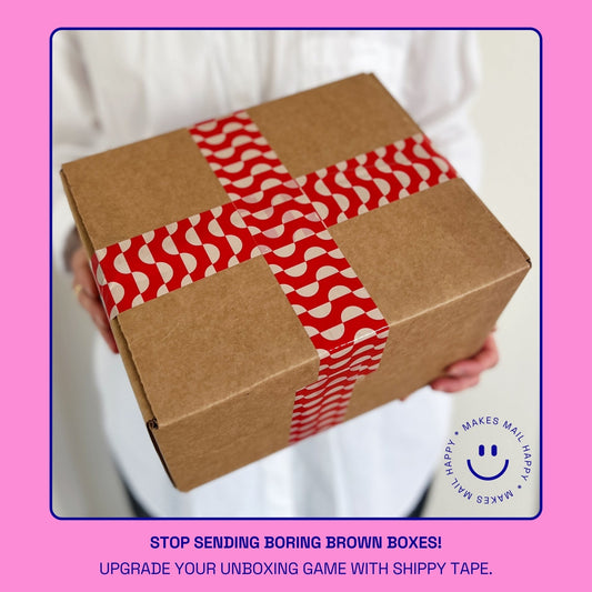 Geometric Wave Pattern Shipping Tape - Red/Cream (2 Rolls + Dispenser) - Shippy Tape