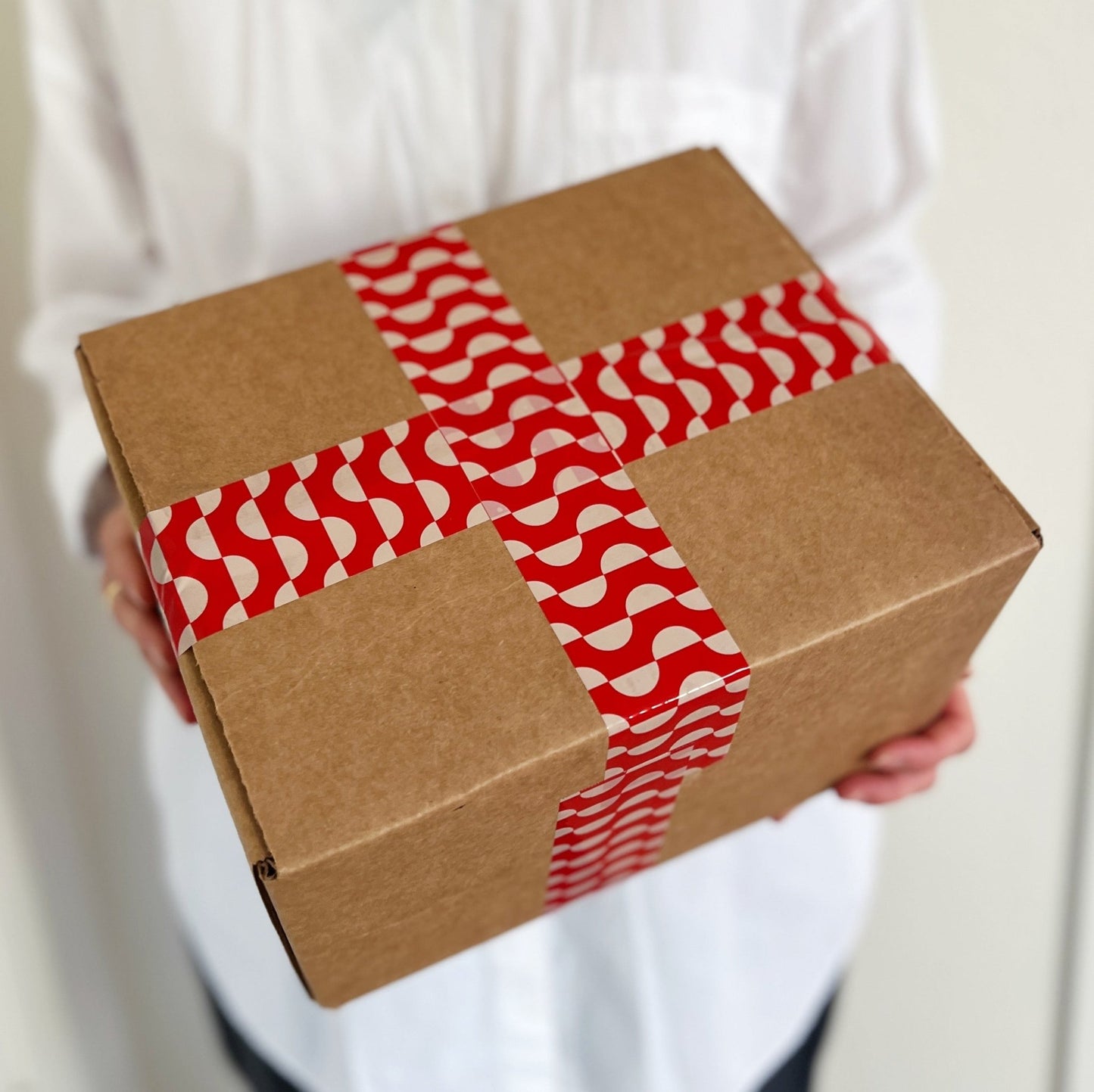 Geometric Wave Pattern Shipping Tape - Red/Cream - Shippy Tape