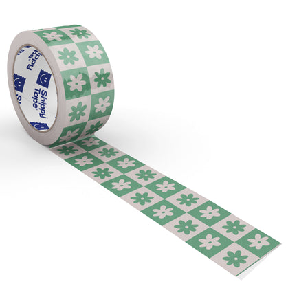 Checkered Retro Flower Shipping Tape - Green/Cream