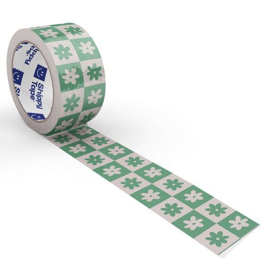Checkered Retro Flower Shipping Tape - Green/Cream