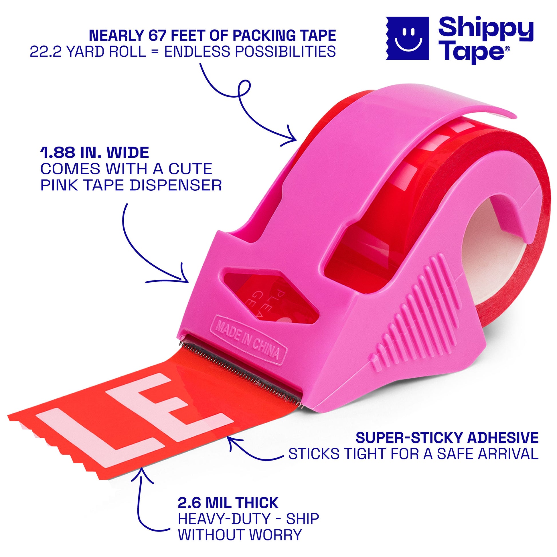 Pink tape dispenser with red tape, Shippy Tape brand, on a white background