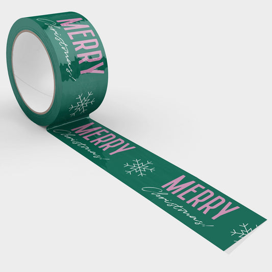 Merry Christmas Shipping Tape - Green/Pink Snowflake - Shippy Tape