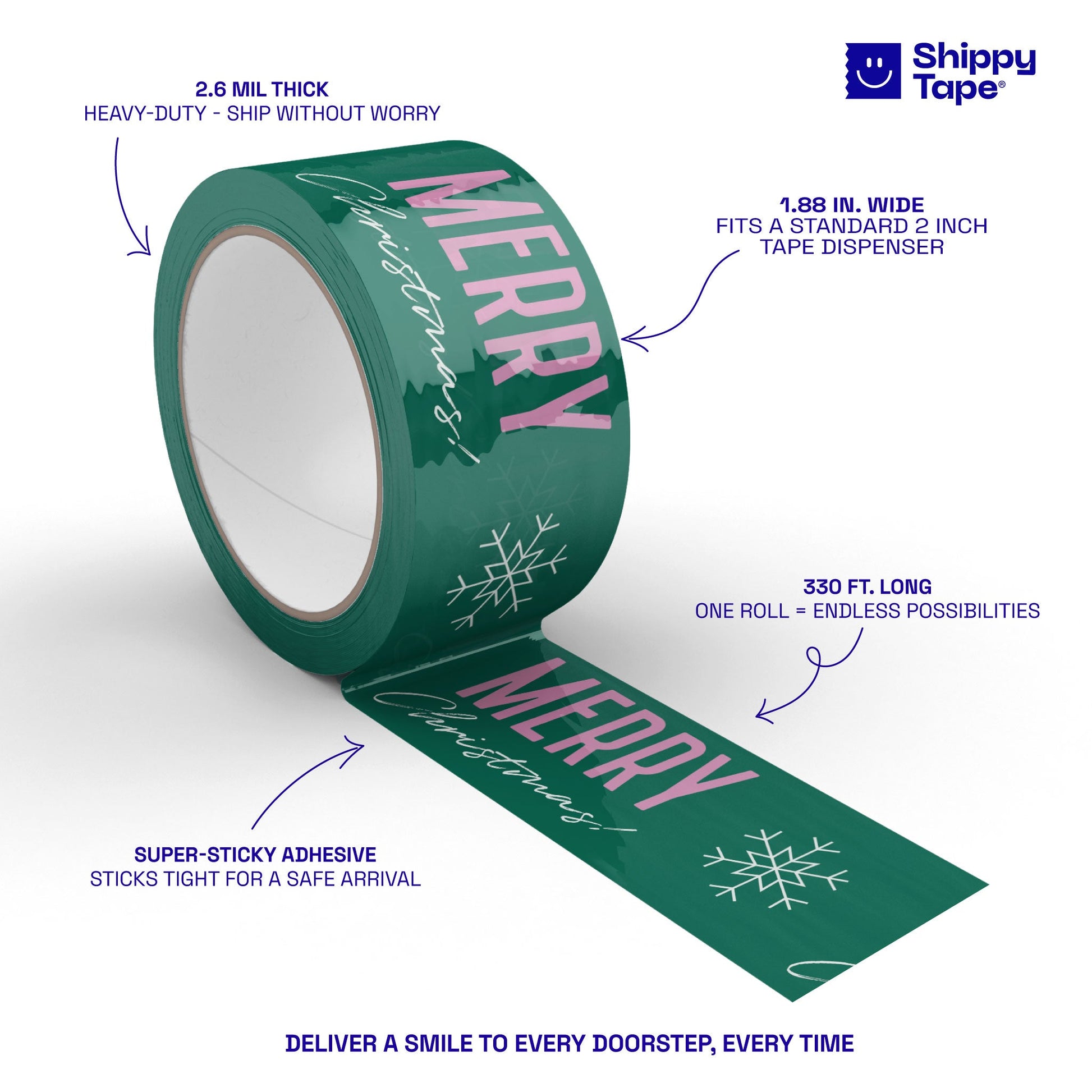 Merry Christmas Shipping Tape - Green/Pink Snowflake - Shippy Tape