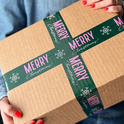 Merry Christmas Shipping Tape - Green/Pink Snowflake - Shippy Tape