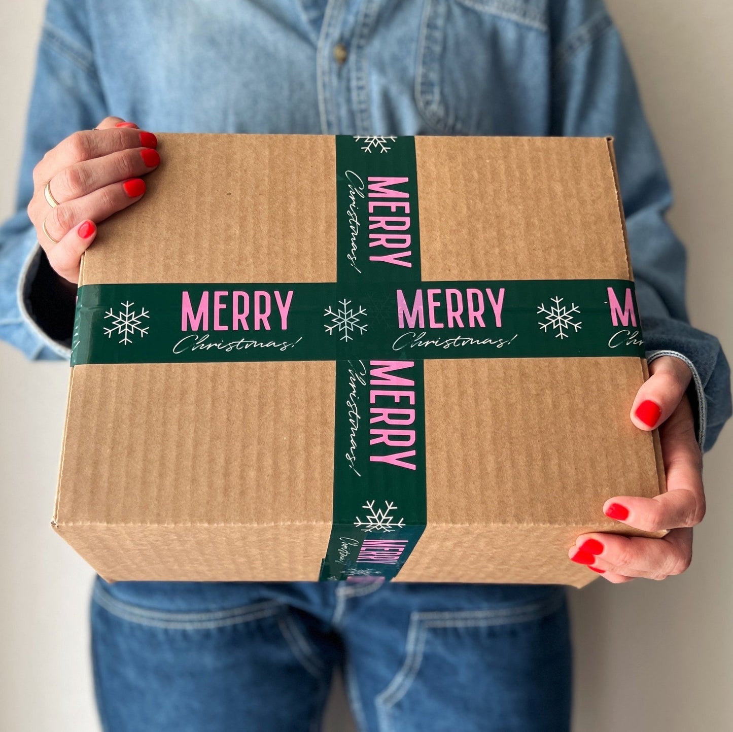 Merry Christmas Shipping Tape - Green/Pink Snowflake - Shippy Tape