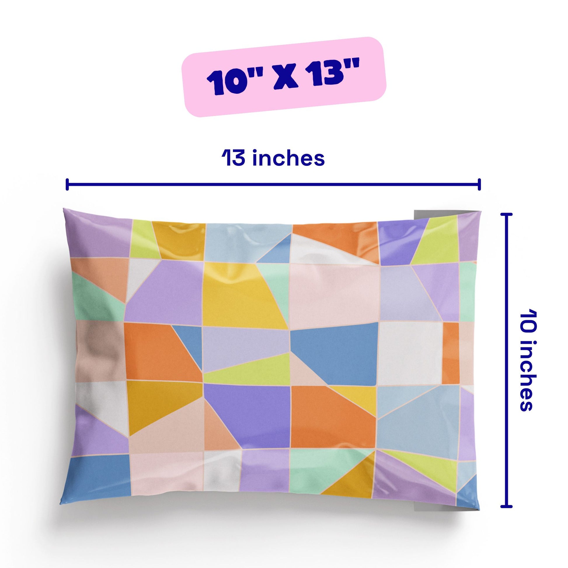 Colorful geometric-patterned shipping envelope with dimensions labeled on a white background