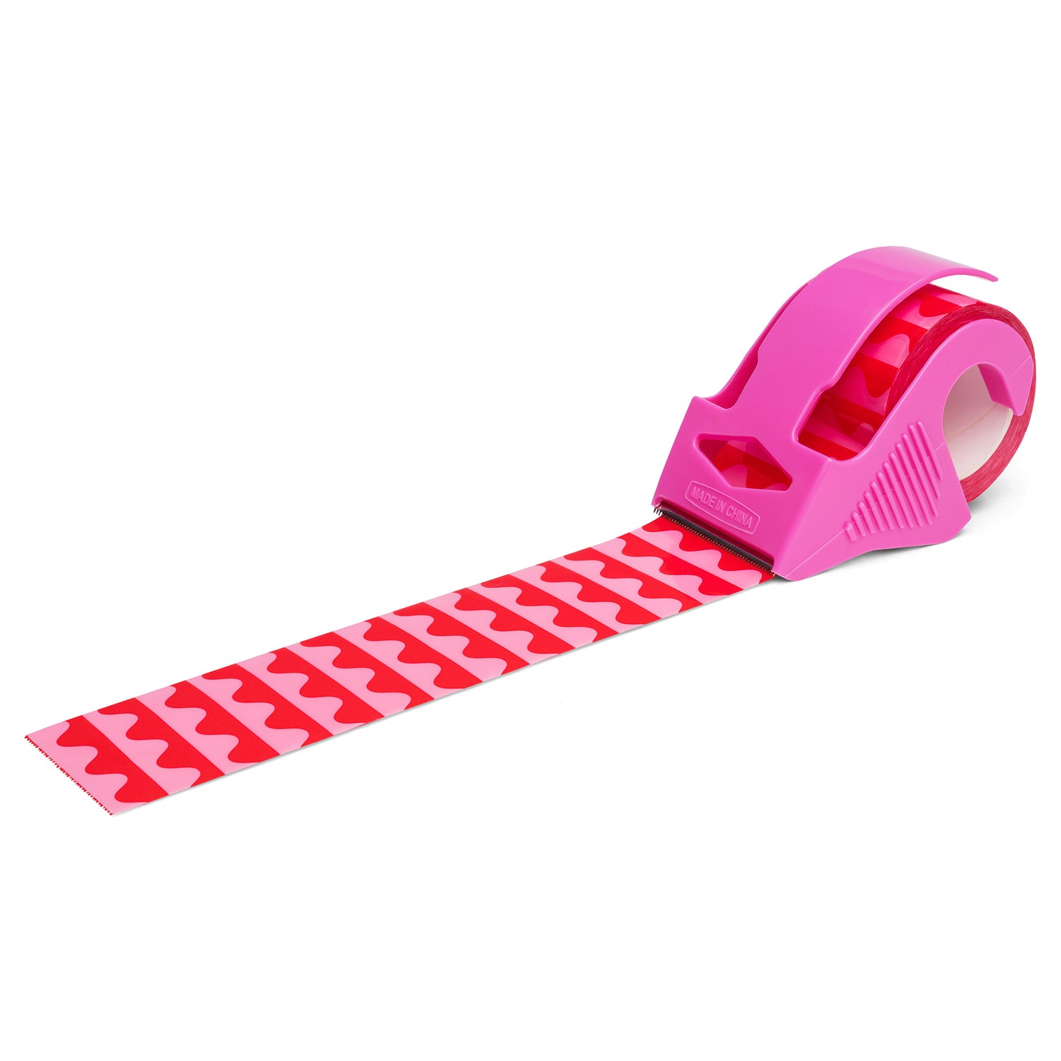 Mini roll of packing tape with pink and red wavy pattern, shown in a pink dispenser. Bold, decorative tape for fun shipping and packaging.