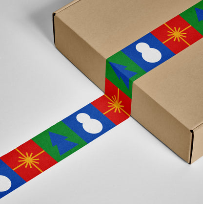 Gift-ready box secured with red, green, and gold tape, adorned with festive holiday patterns.